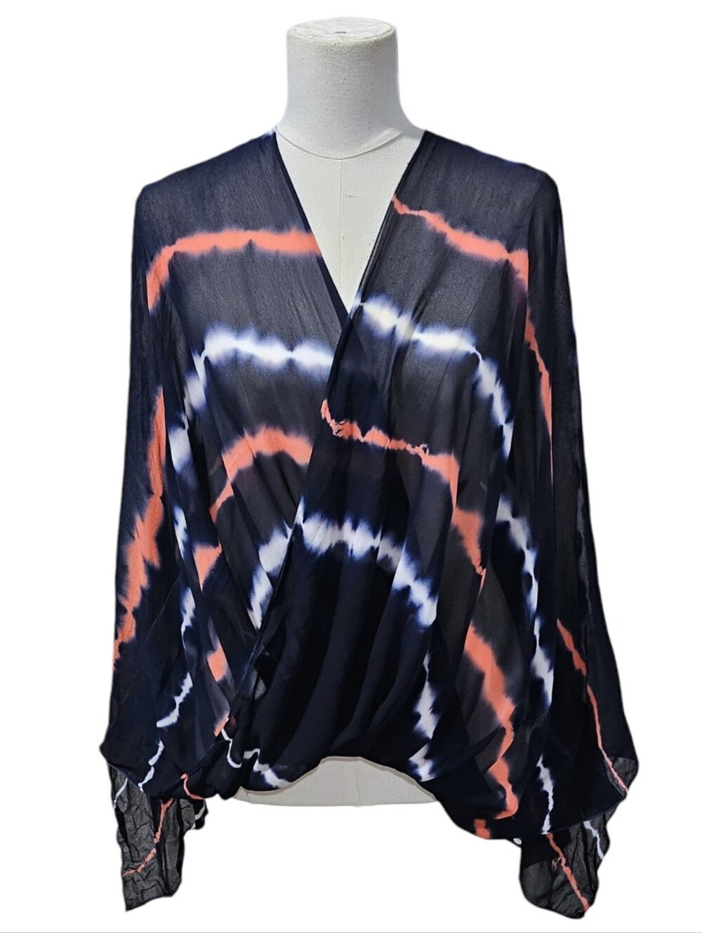 Young Fabulous & Broke Navy Wrap Tie-Dye Blouse with Coral & White Accents S